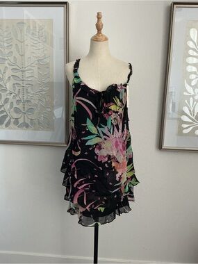#142 Hale Bob Black Slip Dress with Pink & Green Floral Trim
